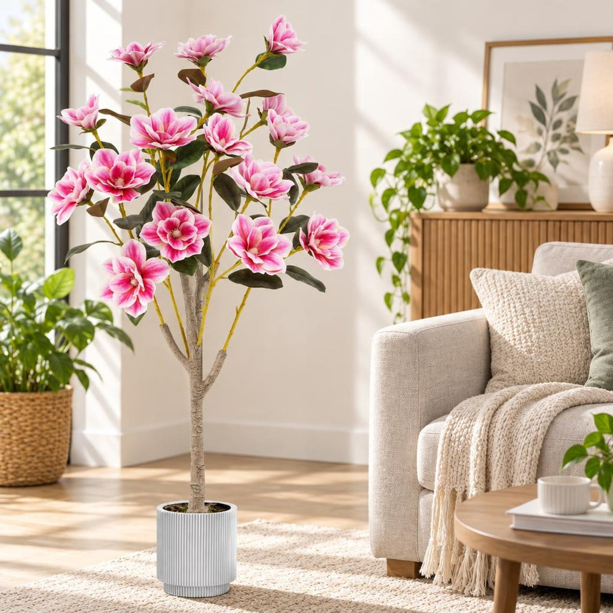 Airfind Faux Wedding Flower Plant with Elegant PEVA Leaves and Multi-branch Trunks, PEVA PE PP Cement Tree Height 51 Inch Flowerpot, Pink