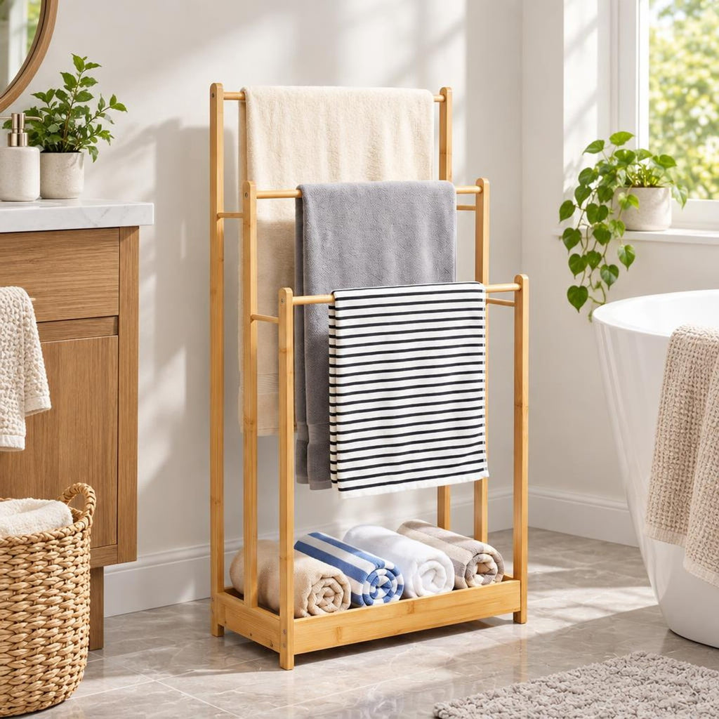 AIRFIND Bamboo Towel Rack, 3 Tier Freestanding Bathroom Organizer with Lower Storage Shelf and 5.5 lb Holding Capacity, Natural