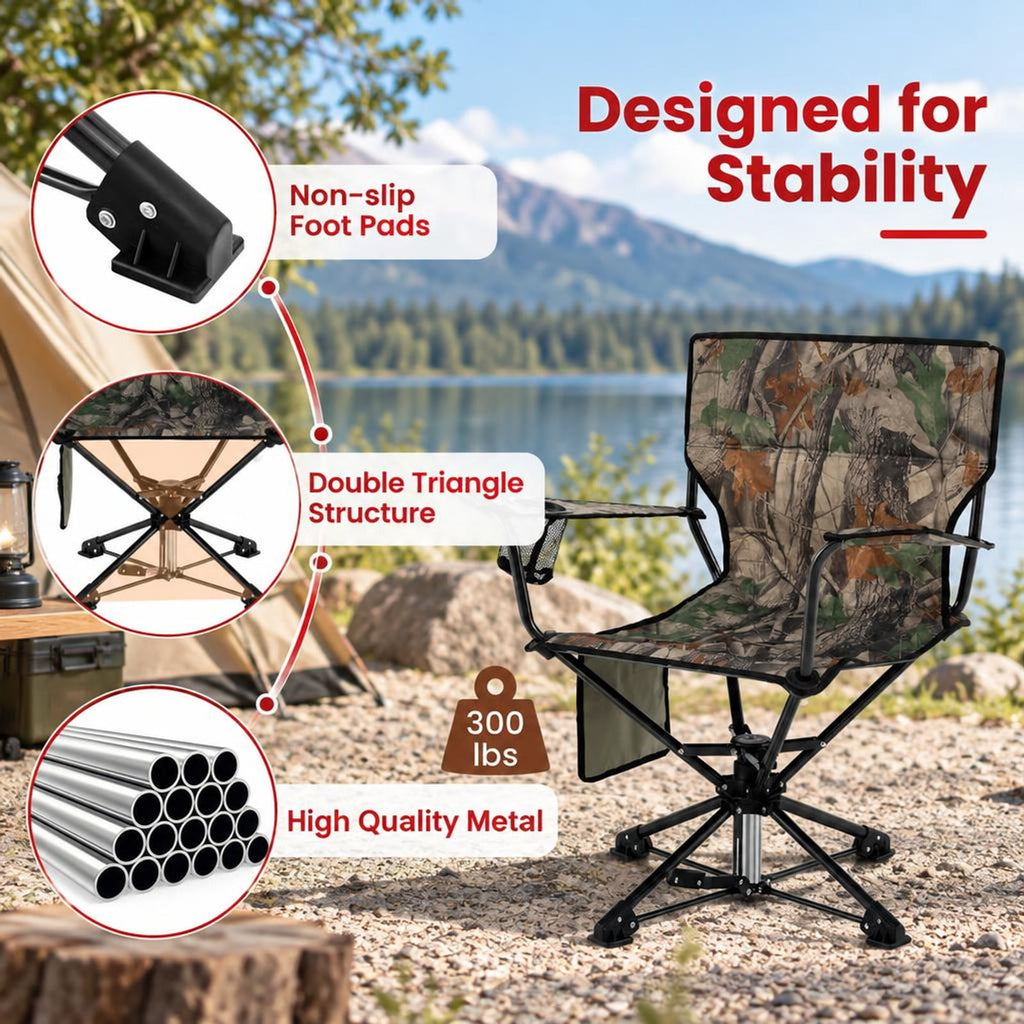 Airfind 360° Swivel Hunting Chair Portable Foldable with Mesh Cup Holder and Storage Pockets, 300 lbs Capacity, 600D Oxford Fabric PE Metal Frame