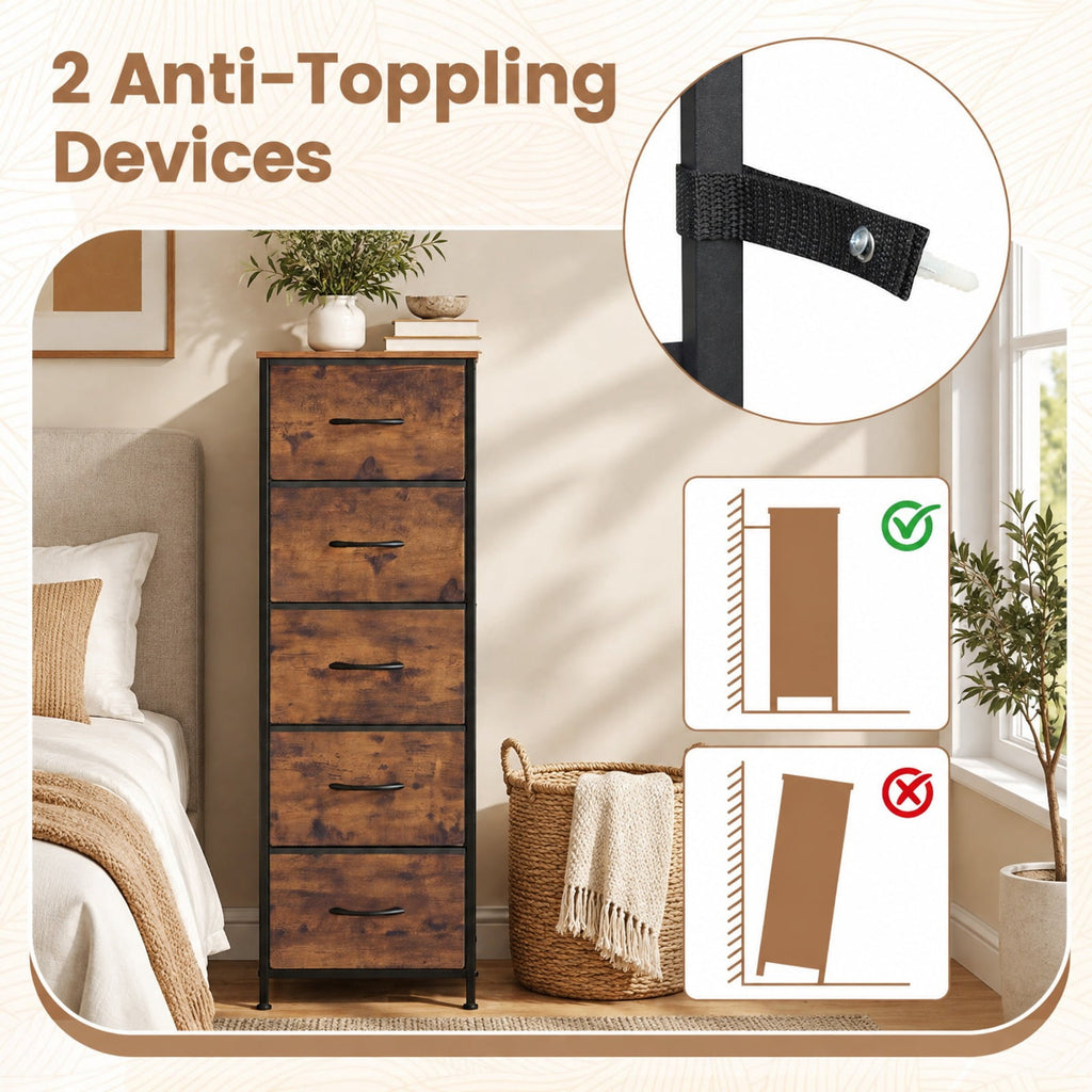 Airfind Dresser Nightstand with 5 Roomy Fabric Drawers for Bedroom, 130 lbs Capacity, Metal Engineered Wood Non-Woven Fabric Frame, Brown