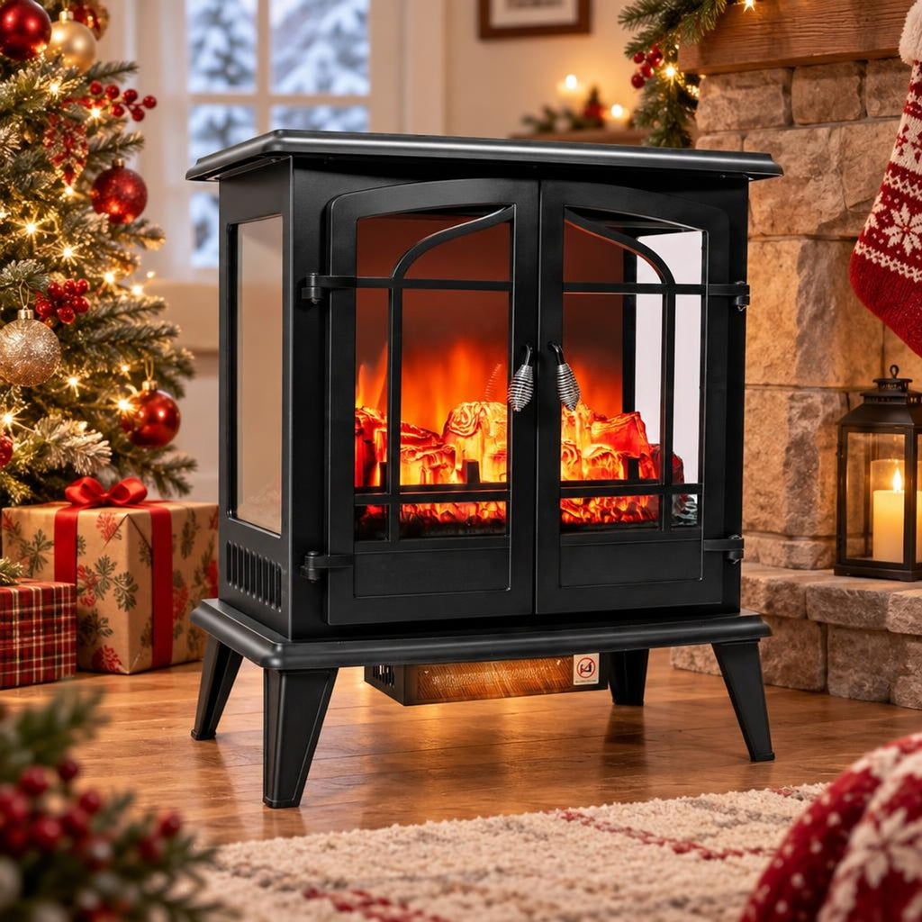 Airfind 25 Inch Freestanding Electric Fireplace Heater with Realistic Flame effect, Iron Frame, 25in x 15in x 28.5in (L x W x H） Footprint, Black