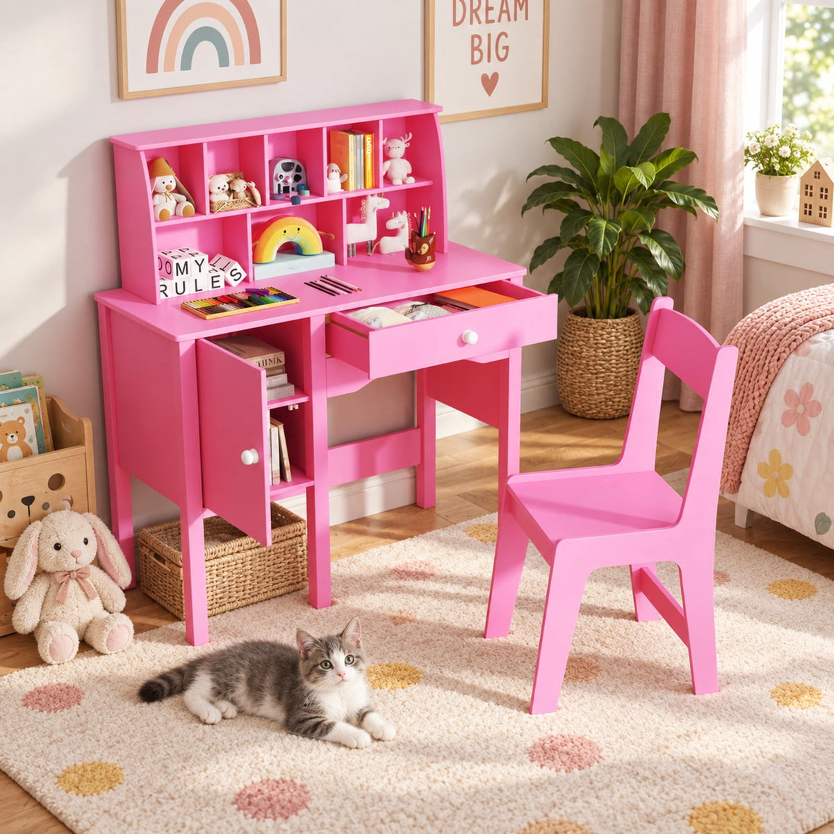 Airfind Kids Study Desk and Chair Set with Chair Hutch and Storage Cabinet for 3+ Years Old, 110 lbs Capacity, MDF Frame, Pink