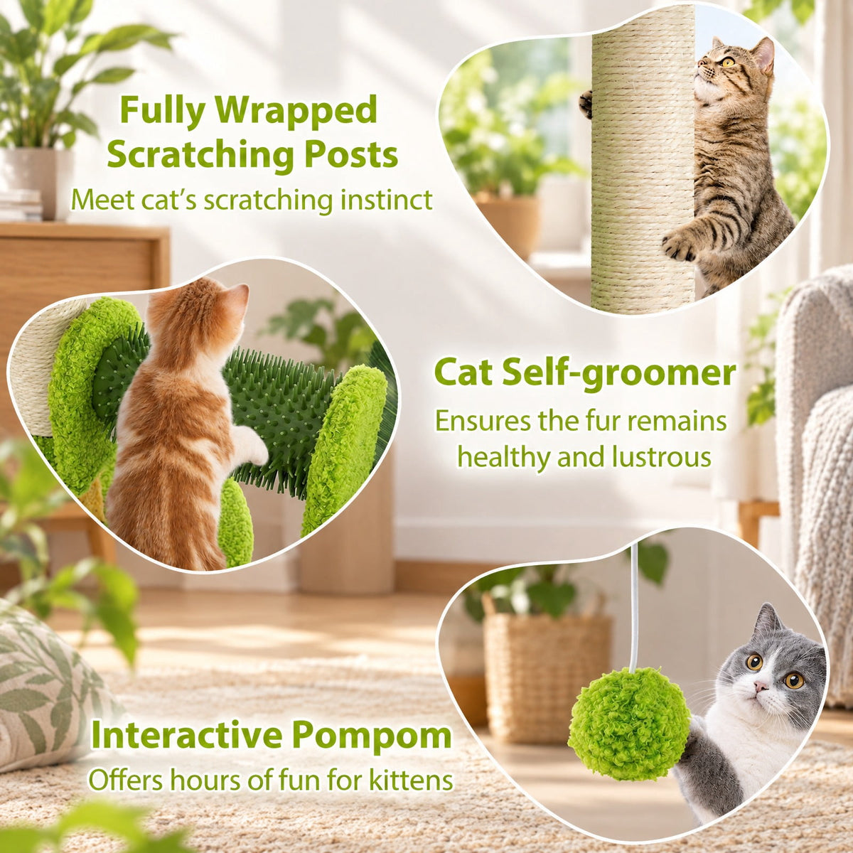 Airfind Cute Palm Cat Tree, for Indoor Cats with Artificial Leaves, Engineered Wood EVA Sisal Teddy Fleece Frame, 19 Inch x 13 Inch x 31 Inch Perch, Green
