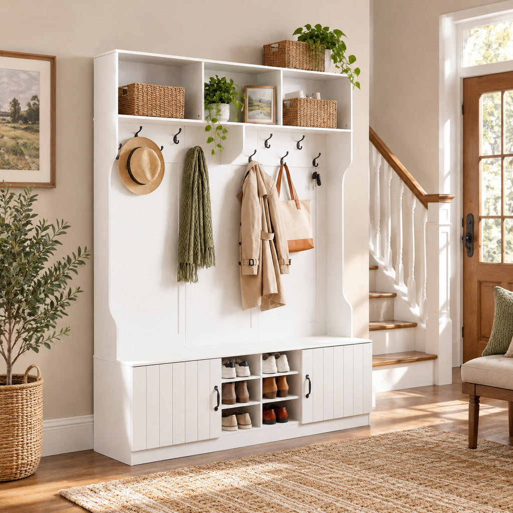 Airfind 59in Wide 6-in-1 Hall Tree with Bench and Storage, 155 lbs Capacity, Engineered Wood MDF Frame, 59in × 16in × 80in Footprint, White