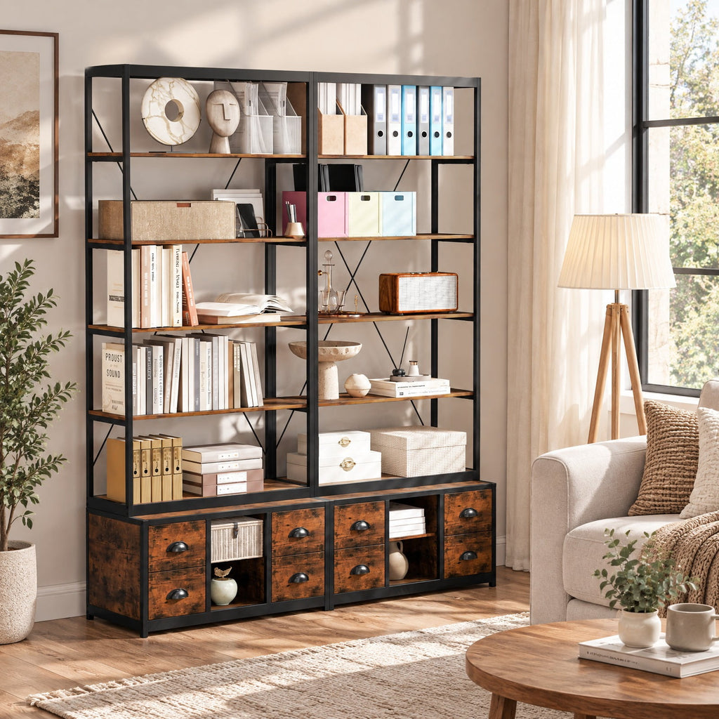 Airfind 8-tier Bookshelf with 4 Fabric Drawers and Heavy-duty Metal Frame, Coffee, Capacity of Shelf 66 lbsWeight