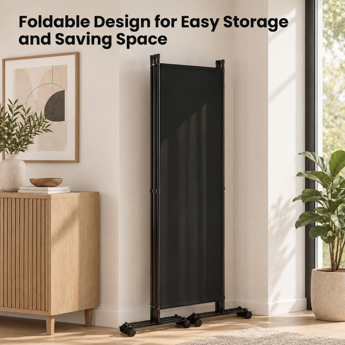 Airfind 4-Panel Room Divider with Lockable Wheels for Living Room, Polyester Fabric Metal Frame, 87in x 14in x 68in Footprint, Black