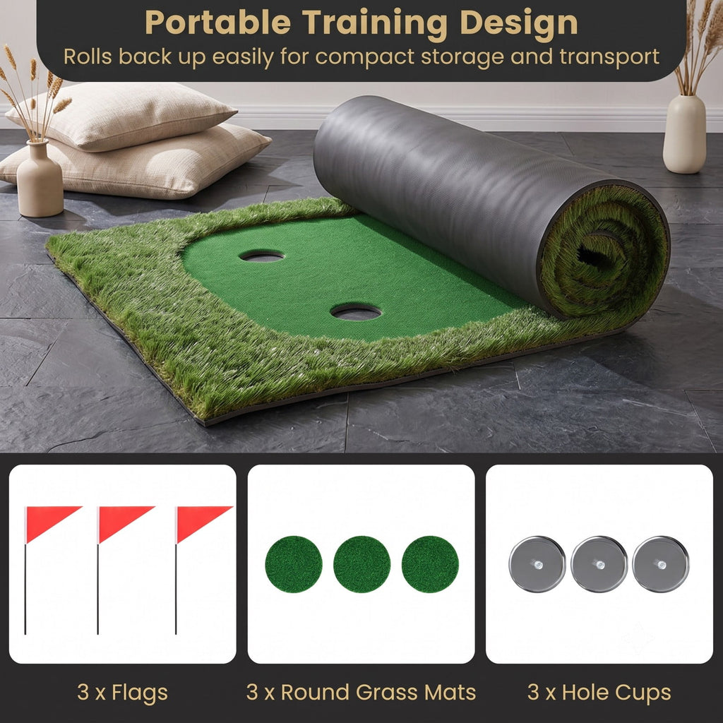 Airfind 10 x 3.5ft Golf Putting Green Mat with 3 Hole Cups and 3 Flags, Indoor Outdoor Practice Putting Training Turf for Home Backyard Garage Office, Green