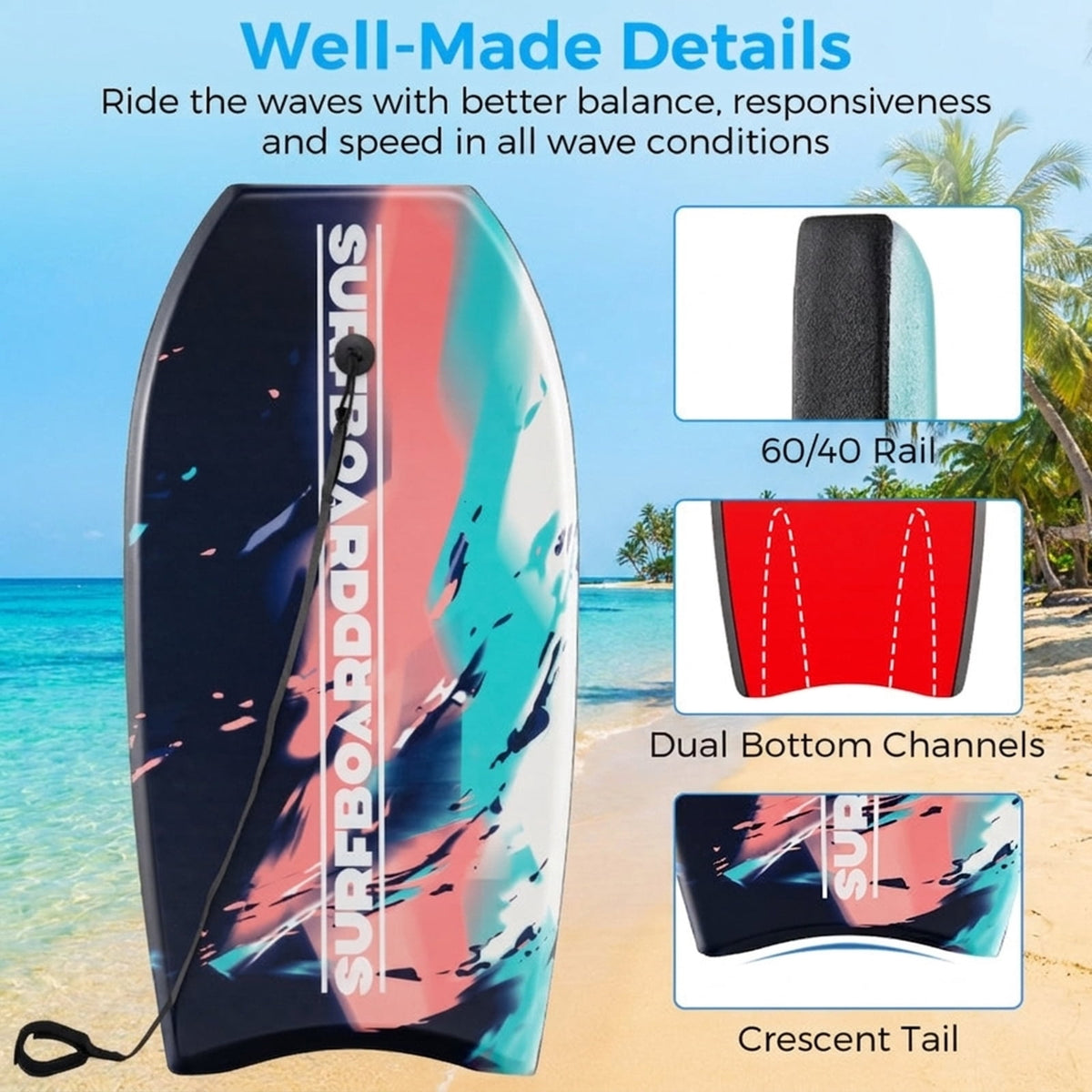 Airfind 33 Boogie Board with Sunset Splash Graphic Deck ¡ª EPS Core, XPE Top, HDPE Slick Bottom, Crescent Tail, Coiled Wrist Leash