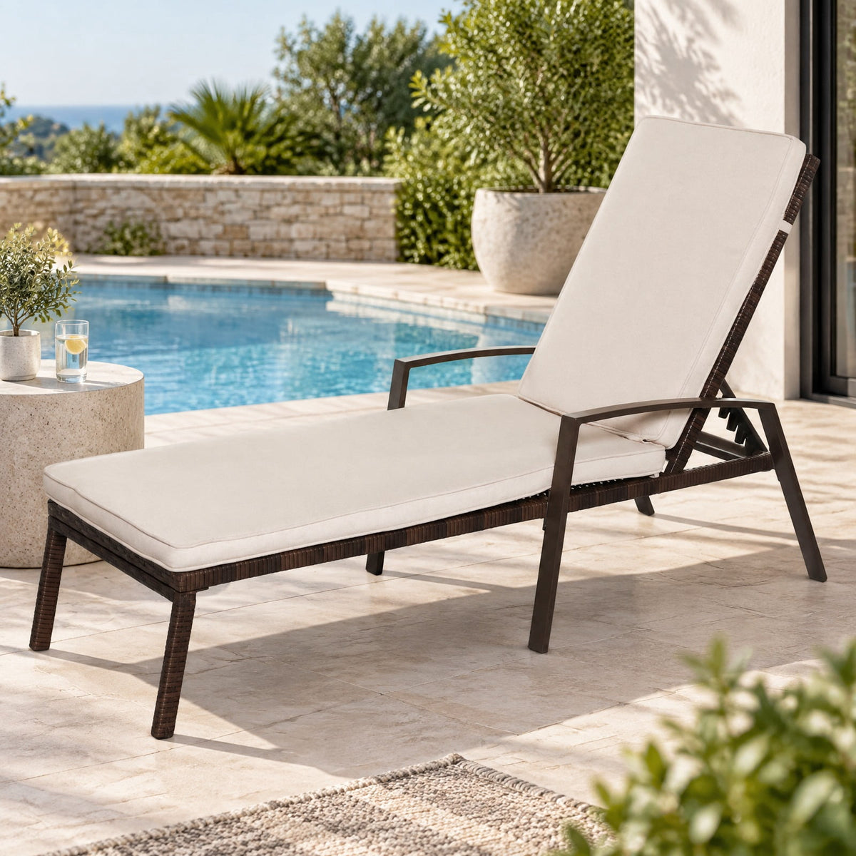 Airfind 2 Pieces Patio Rattan Adjustable Back Lounge Chair with Armrest and Removable Cushions, 400 lbs Capacity, Steel Rattan Frame, White