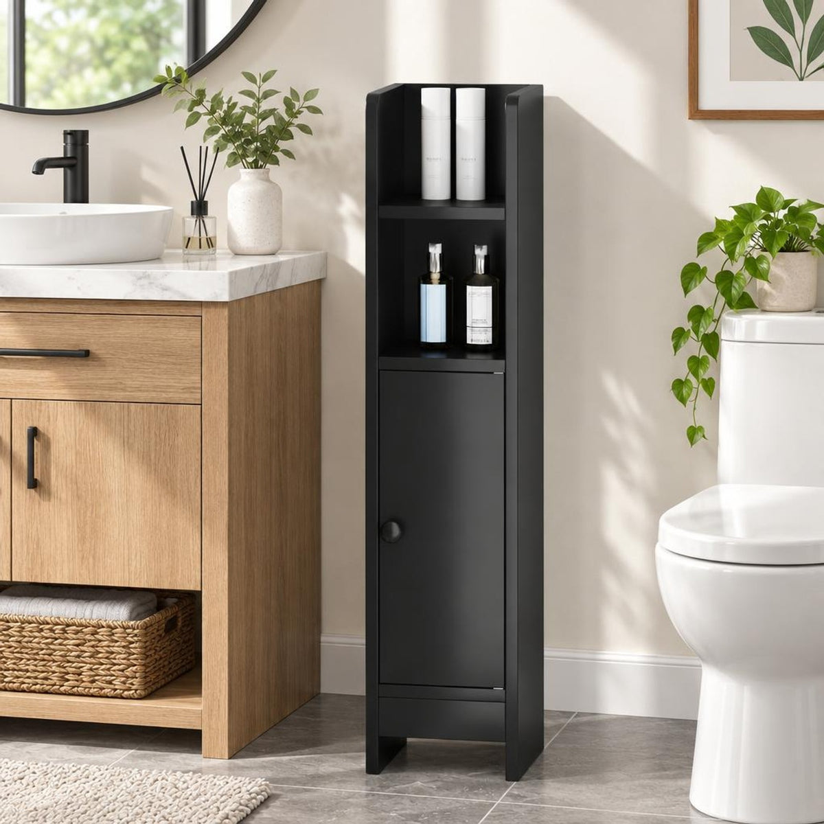 Airfind Bathroom Slim Cabinet Corner with Door and Adjustable Shelf, 44 lbs Capacity, Engineered Wood Frame, Black