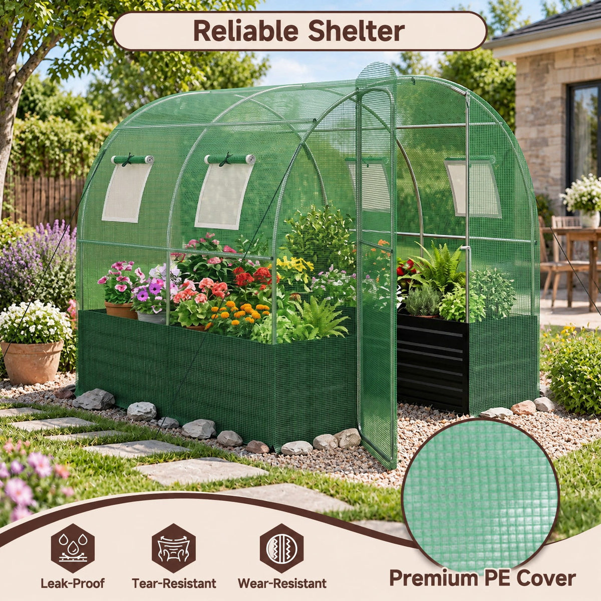 Airfind 80 x 79 x 79 Inches Walk-in Greenhouse with Large Plant Bed, Green, 4 side mesh windows keep small pests away