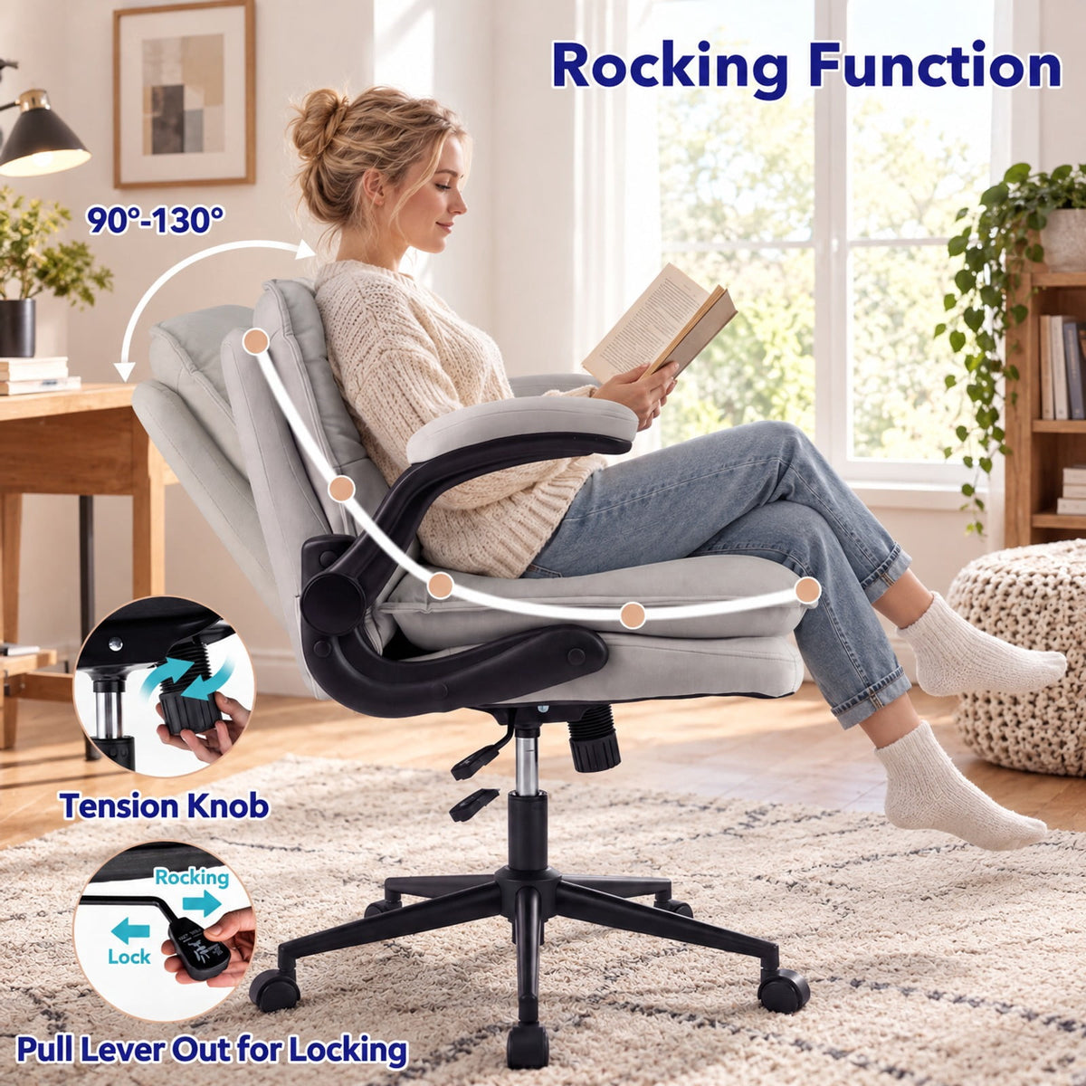 Airfind Criss Cross Chair on Wheels with Flip-up Arms Adjustable Height, 330 lbs Capacity, Faux Leather Metal Sponge PU Nylon Frame, Beige