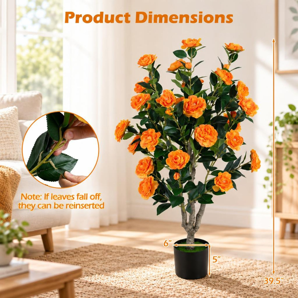 Airfind Set of 2 39.5 Artificial Camellia Tree with Orange Blossoms in Cement Pot for Decoration, Orange
