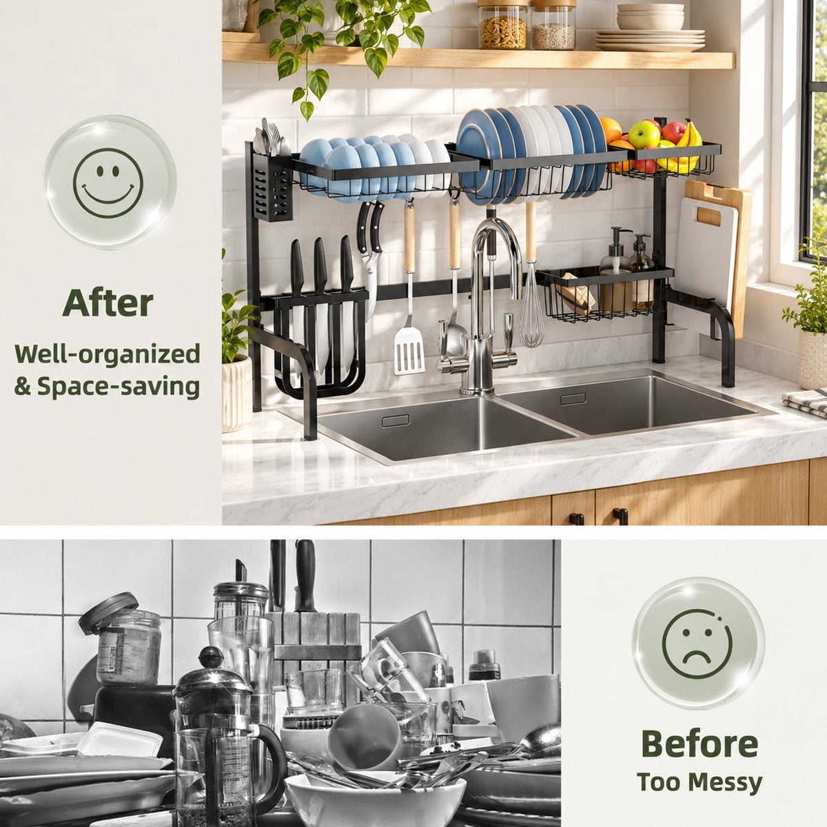 Airfind 2 Tier Adjustable Over Sink Dish Drying Rack with 8 Hooks, Steel Frame, Black, Overall dimension 21-39 x 12 x 21(L x