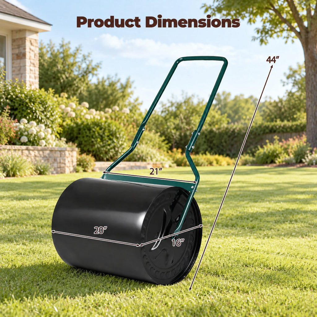 Airfind Lawn Roller 16 Gallon Water/Sand Filled Garden Drum Roller with Leak, Metal Frame, 21 x 16 x 44(L X W X H) Roller Footprint, Black