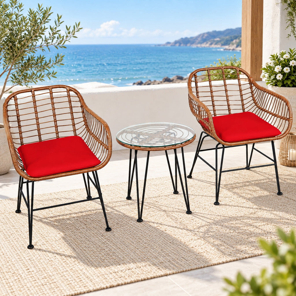 Airfind 3 Pieces Patio Rattan Bistro Set with Cushion, 170 lbs Capacity, Steel Rattan Sponge Polyester Frame, 22.5 Inch x 24 Inch x 31.5 Inch Footprint, Red