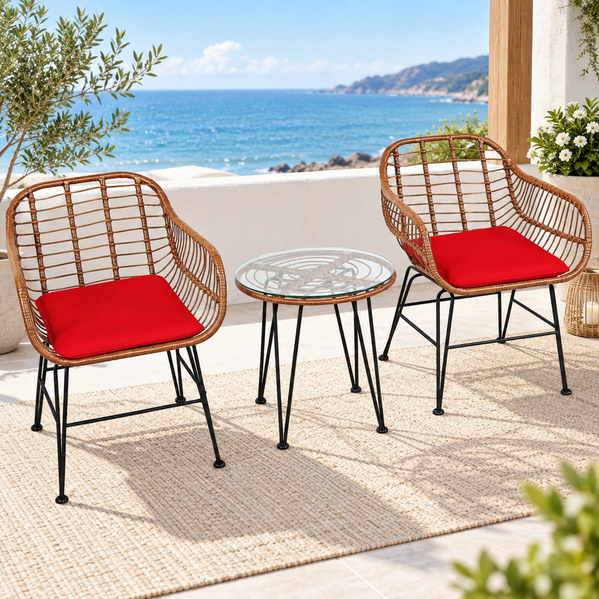 Airfind 3 Pieces Patio Rattan Bistro Set with Cushion, 170 lbs Capacity, Steel Rattan Sponge Polyester Frame, 22.5 Inch x 24 Inch x 31.5 Inch Footprint, Red