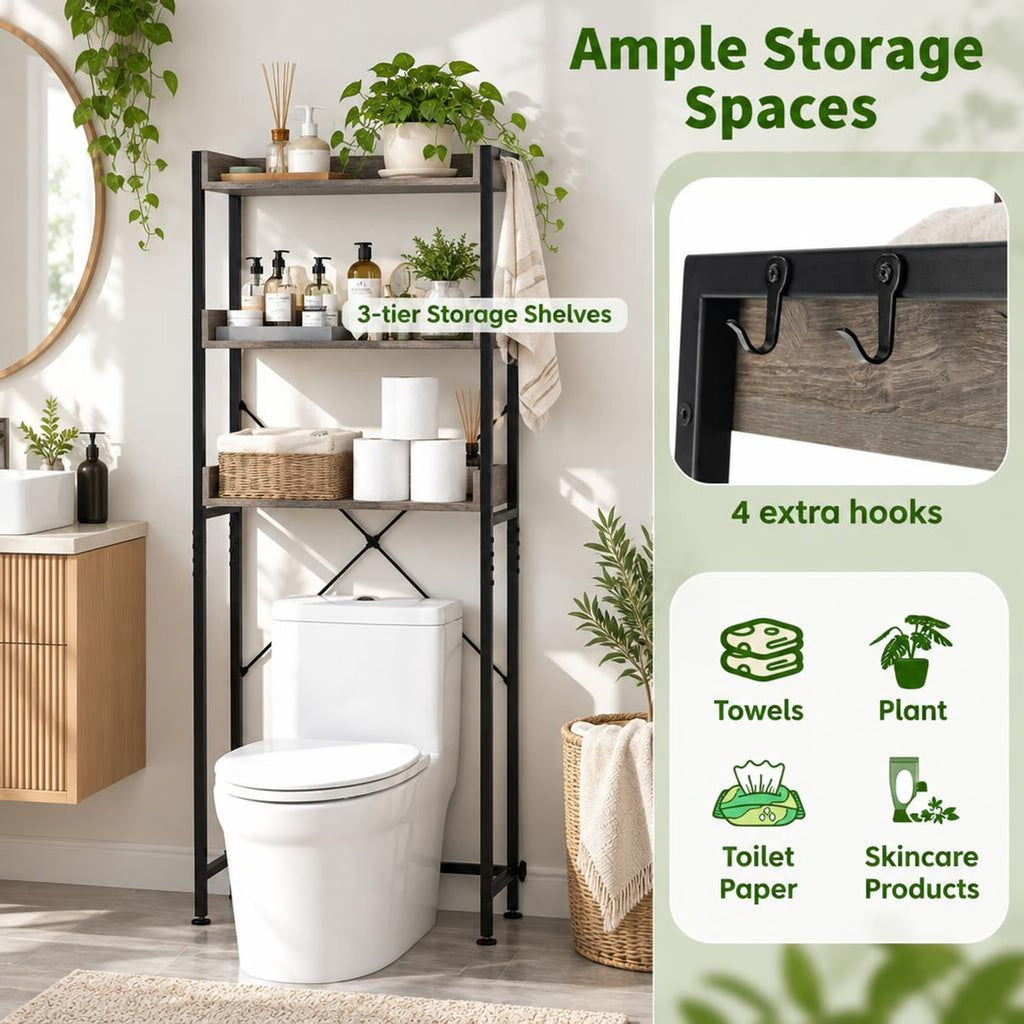 Airfind Over The Toilet Storage Rack with Hooks and Adjustable Bottom Bar, Metal Engineered Wood Frame, Grey
