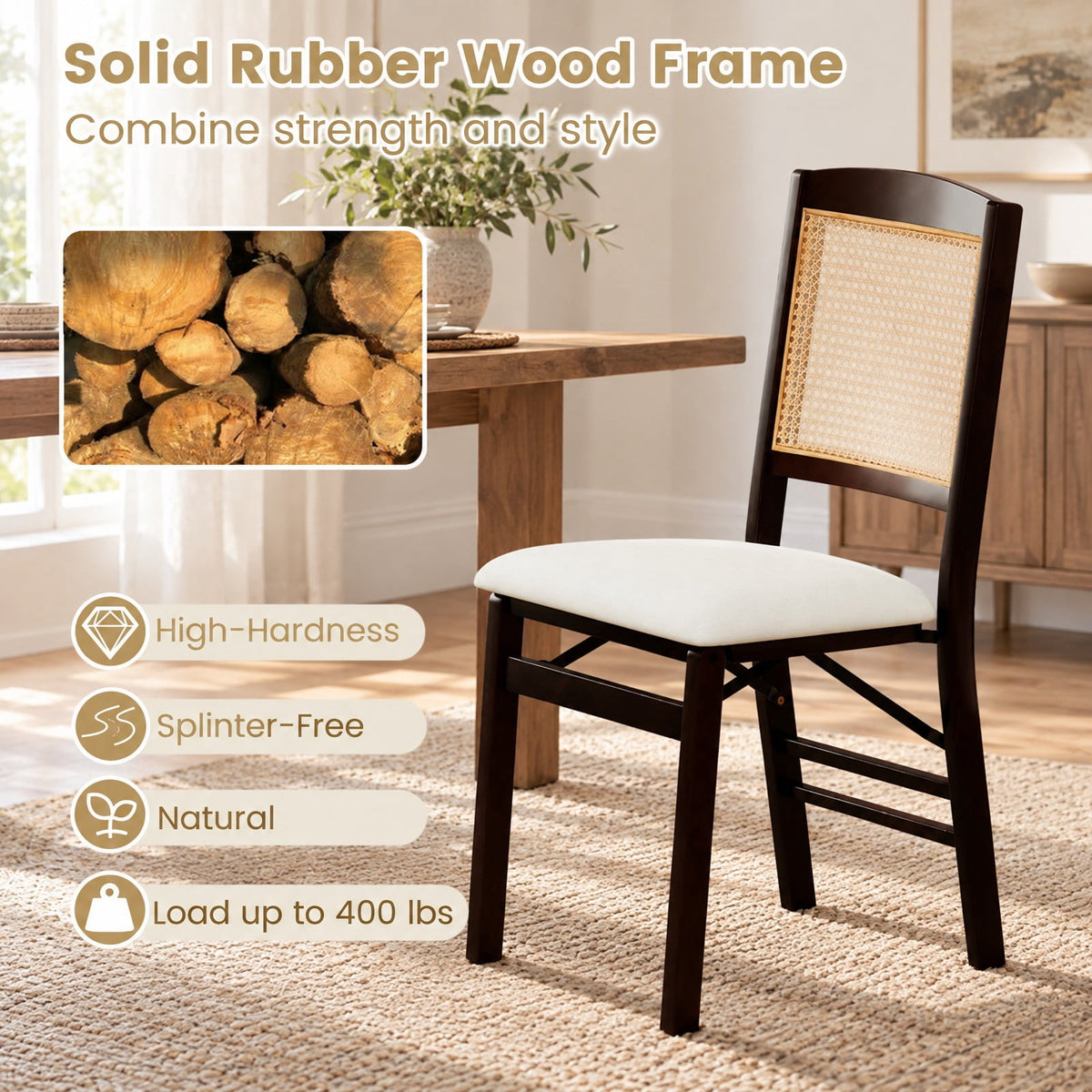 Airfind Folding Dining Chairs Set of 2 Rubber Wood Chairs with Linen Padded Seat, 400 lbs Capacity, Rubber Wood PE Rattan Linen Fabric Sponge Frame