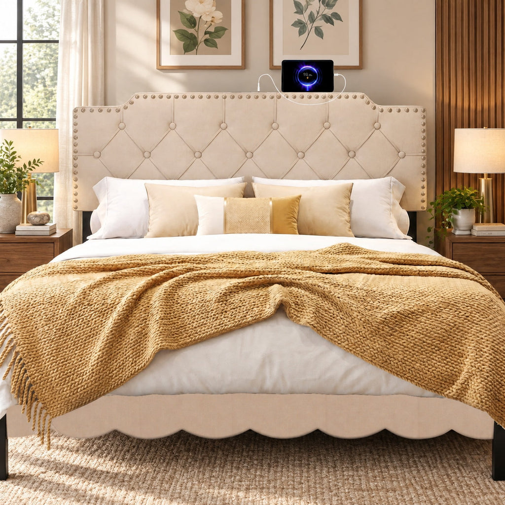 Airfind Upholstered Headboard with Built-in Charging Station, AC, USB and Type-C Ports, Rivet Tufted Headboard for Queen and Full Size Bed, Beige