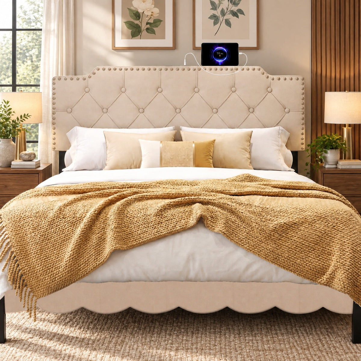 Airfind Upholstered Headboard with Built-in Charging Station, AC, USB and Type-C Ports, Rivet Tufted Headboard for Queen and Full Size Bed, Beige