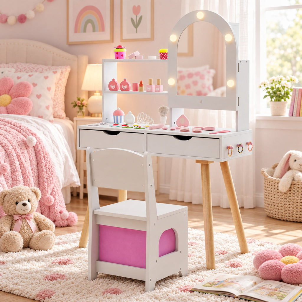 Airfind Kids Vanity Set Pretend Play Dressing Table Set with 3-Color Lighting Modes Adjustable Brightness and Mirror Cabinet, 44 lbs Capacity, White