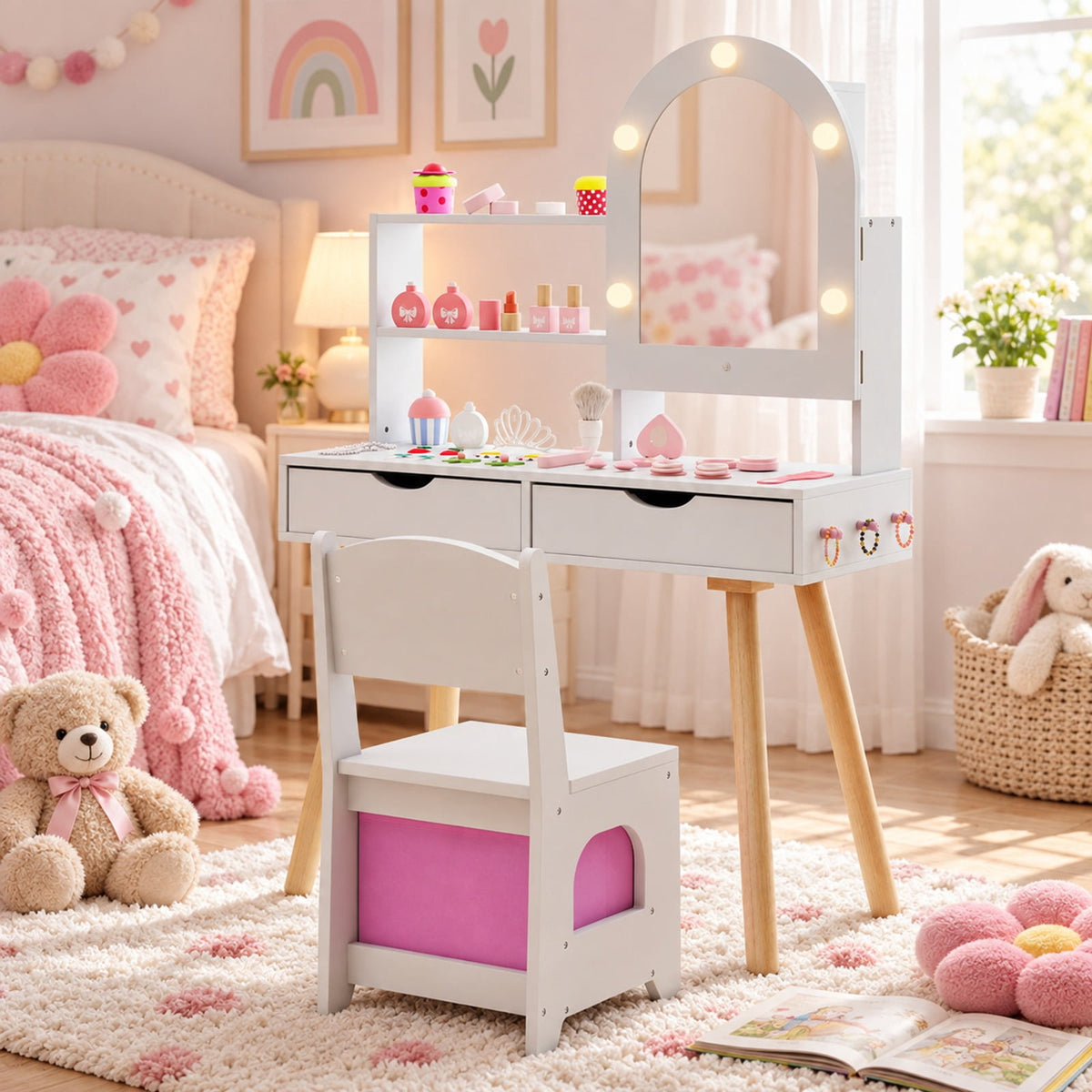 Airfind Kids Vanity Set Pretend Play Dressing Table Set with 3-Color Lighting Modes Adjustable Brightness and Mirror Cabinet, 44 lbs Capacity, White