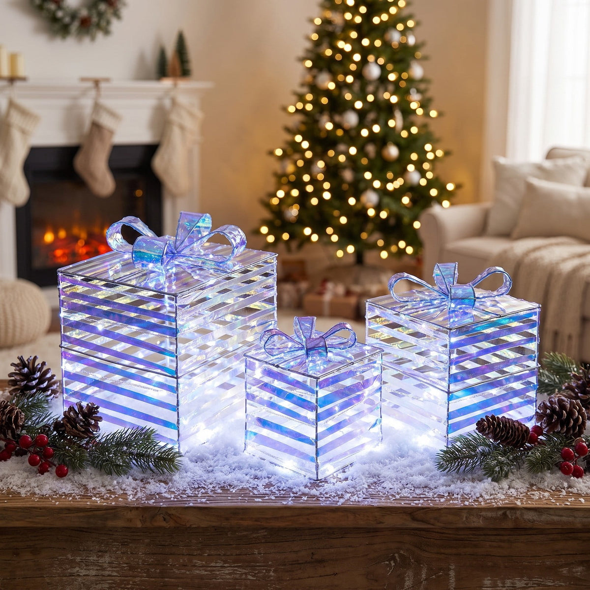 Airfind Set of 3 Christmas Lighted Gift Boxes with Bows and Plug, PVC Metal Frame, 10 Inch x 10 Inch x 10 Inch Footprint, of Light White