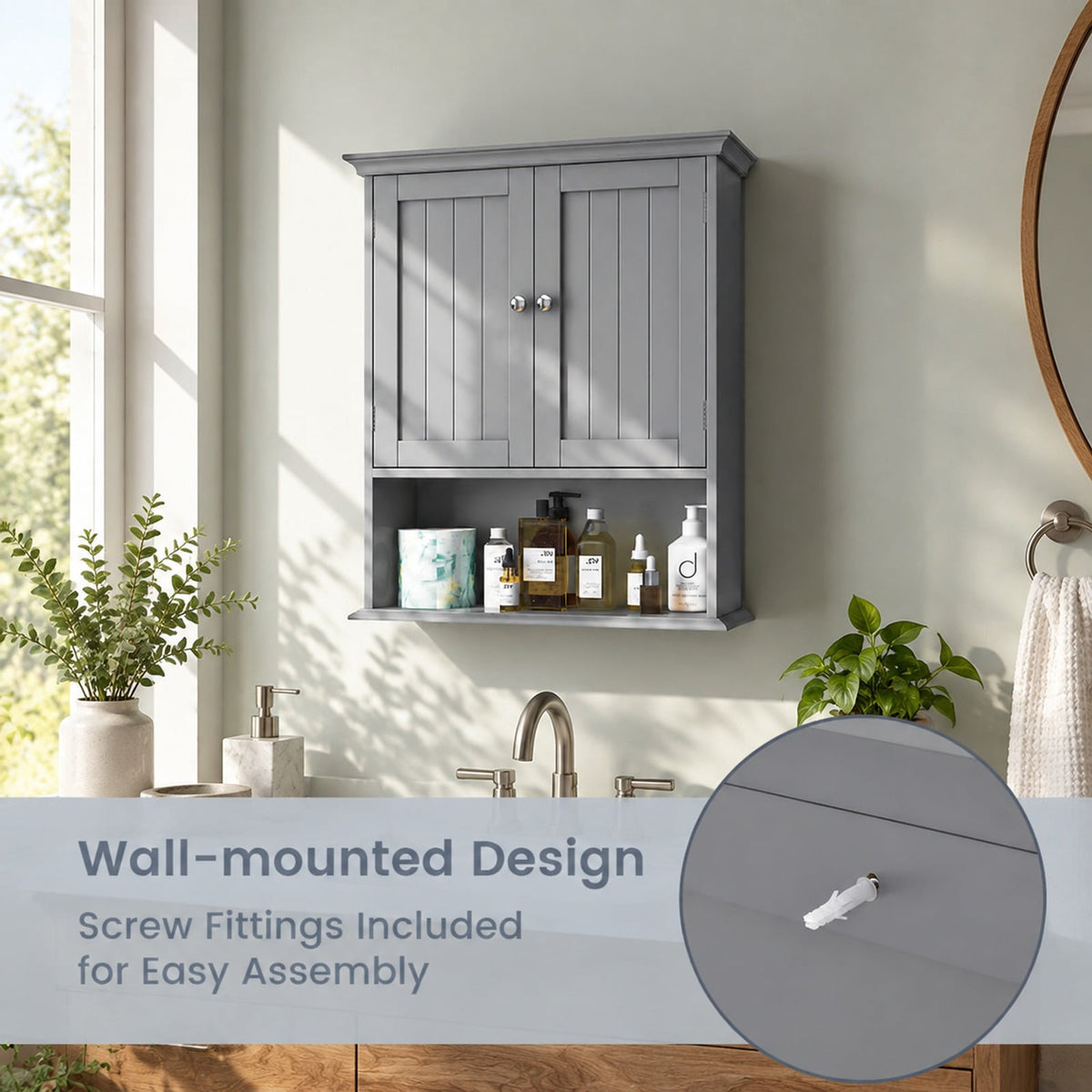 Airfind Wall Mount Bathroom Cabinet, Storage Organizer with Doors and Shelves, MDF Metal Frame, Overall dimension 23.5 Inch x 7.5 Inch x 28 Inch, Gray