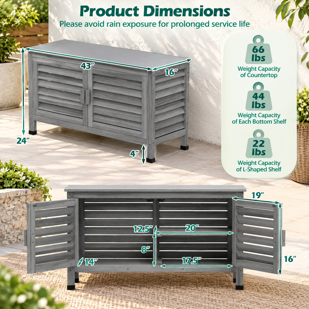 Airfind Patio Storage Cabinet with Stainless Steel Countertop and L-Shaped Shelf for Garden, 66 lbs Capacity, Fir Wood Stainless Steel Rubber Frame