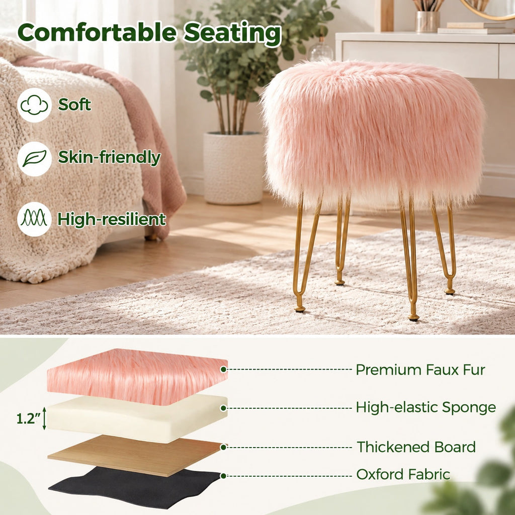 Airfind Faux Fur Vanity Stool Chair with Metal Legs for Bedroom and Living Room, 330 lbs Capacity, Faux Fur Sponge Metal MDF Plywood Frame, Pink