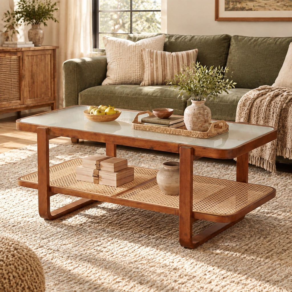 Airfind Coffee Table, Rattan Table with Tempered Glass Top and Storage Shelf, 220 lbs Capacity, Tempered Glass PE Rattan Plywood Frame, Walnut
