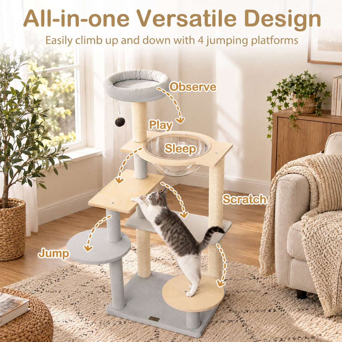 Airfind Modern Cat Tree 44 Inch Multi-level Cat Tower with Removable Padded Top Perch, 22 Lbs Capacity with Solid Plywood Sisal Engineered, Natural