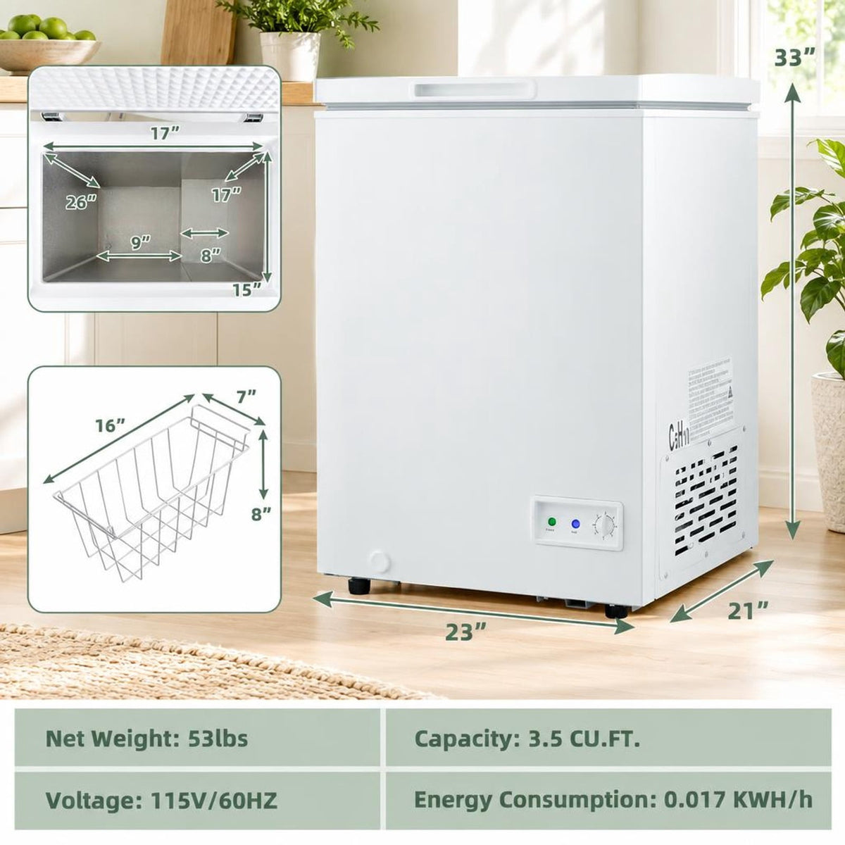 Airfind 3.5/5 Cu.ft Compact Chest Freezer with Removable Storage Basket-3.5 Cubic, Steel PVC aluminum liner Adjustable temperature Frame, White