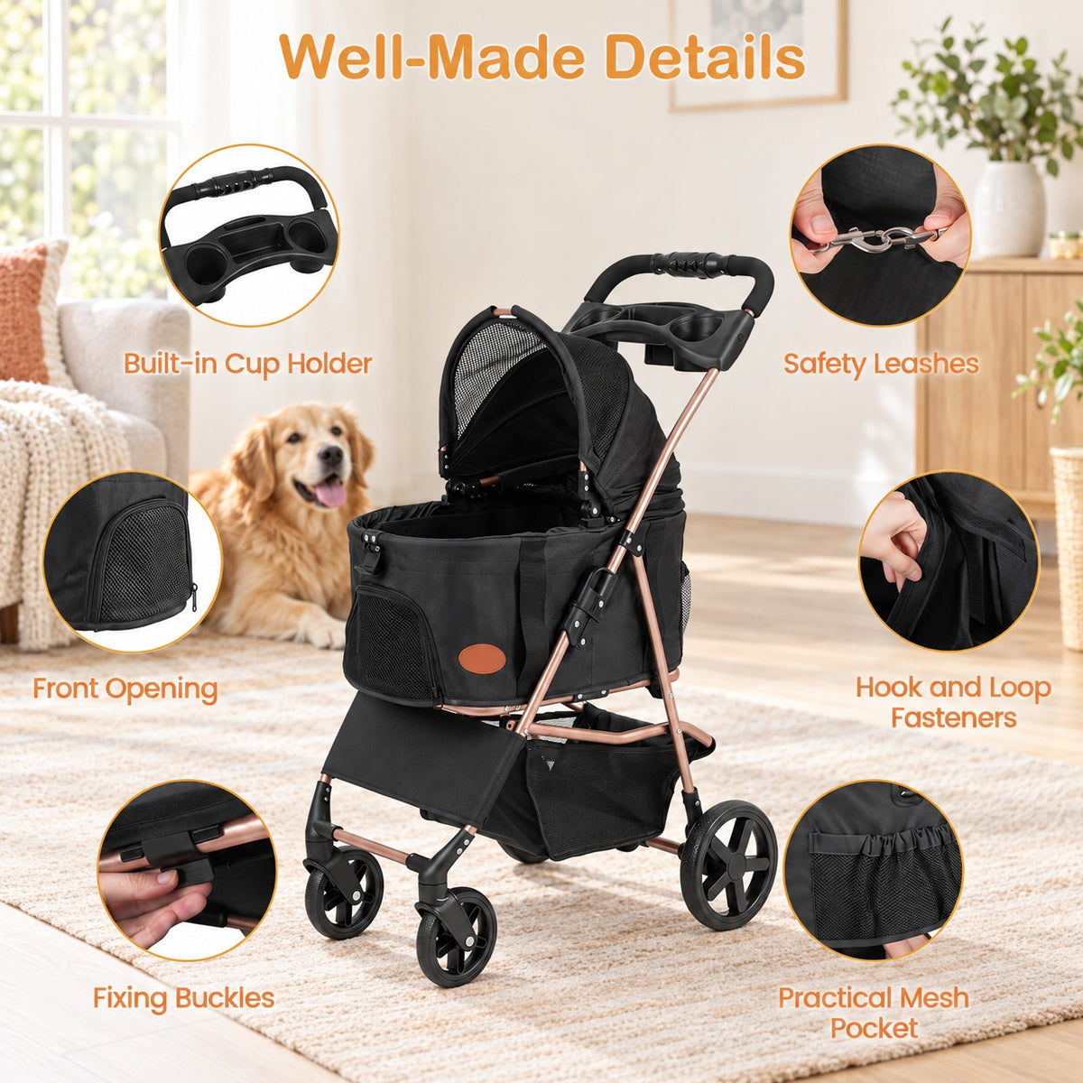 Airfind 3-in-1 Pet Stroller for Small Medium Dogs Foldable with Detachable Carrier, 26.5 lbs Capacity, 18.5in x 28.5in x 39.5in Footprint, Black