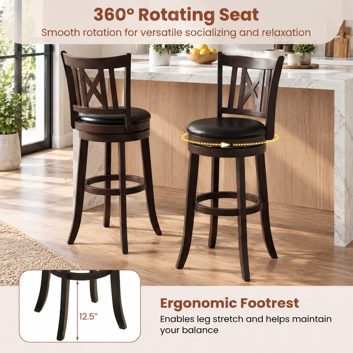 Airfind Set of 2 Bar Stools Swivel Bar Chairs with Hollowed Backrest and Footrest-30 inches, 275 lbs Capacity, 20 Inch x 18 Inch x 39.5 Inch Footprint