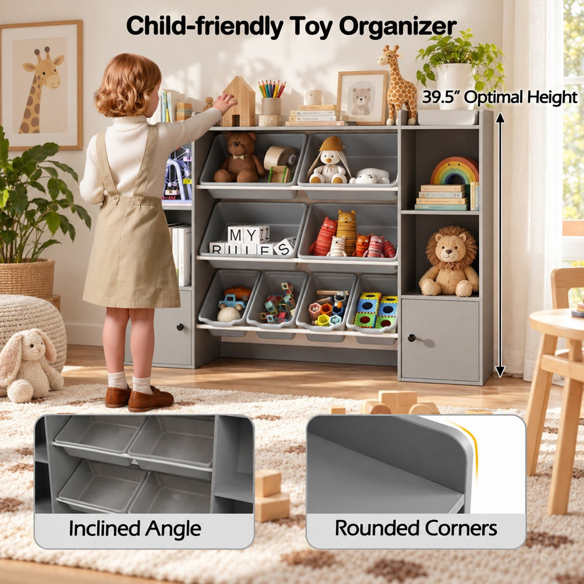 Airfind Kids Toy Storage and Bookshelf with Boxes and Open Shelves, 385 lbs Capacity, Engineered Wood Frame, for 3+ Years Old Total, Gray