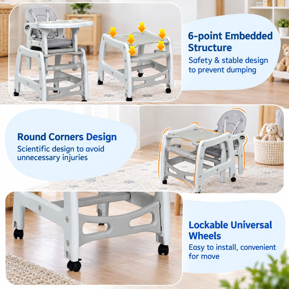 Airfind 3-in-1 Youth High Chair with Lockable Universal Wheels, 50 lbs Capacity, PP, Model BB5604GR, PP PE Sponge Construction, Unspecified