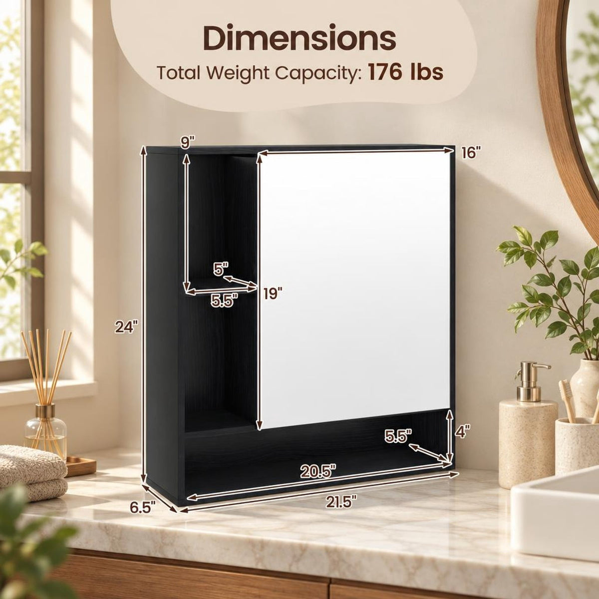 Airfind Wall Mounted Bathroom Cabinet with Mirror Single Door, 176 lbs Capacity, Glass MDF Engineered Wood Frame, 21.5 Inch x 6.5 Inch x 24 Inch Footprint