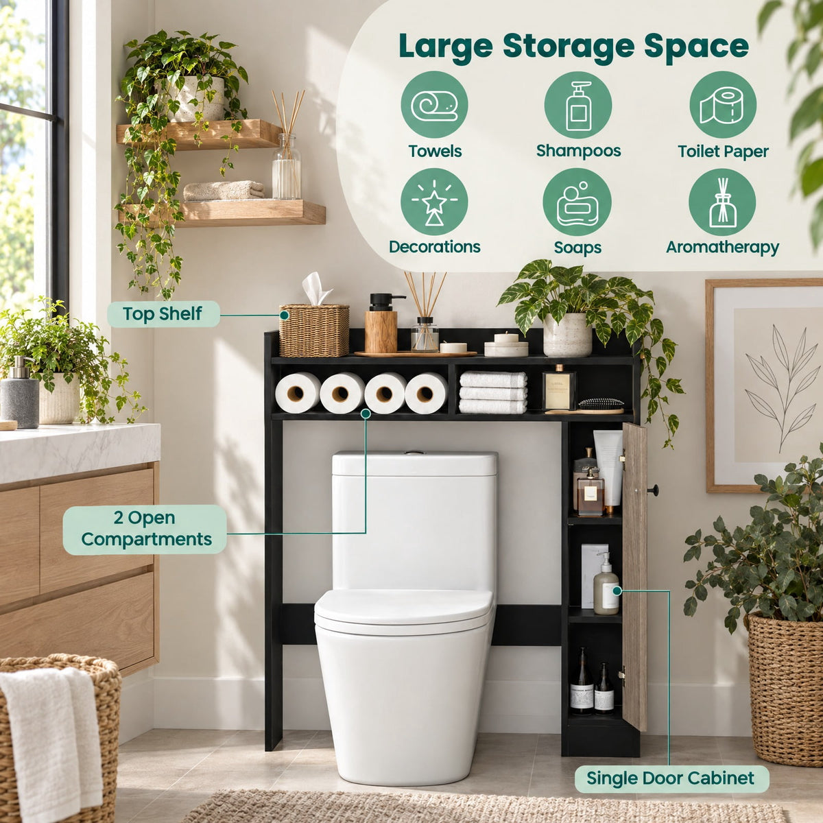 Airfind Bathroom Over the Toilet Floor Storage Organizer with Adjustable Shelves, 100 lbs Capacity, MDF Engineered Wood Frame, Black