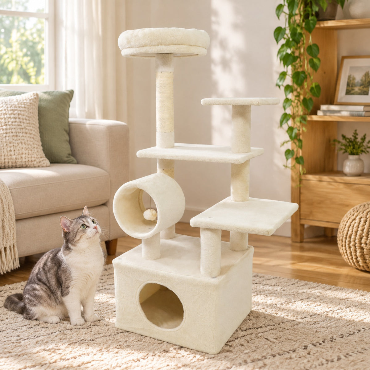 Airfind 48 Inches Tall Cat Tree Multi-Level Kitten Tower with Large Condo Padded Top Perch, Engineered Board Plush Sponge Jute Frame, Beige