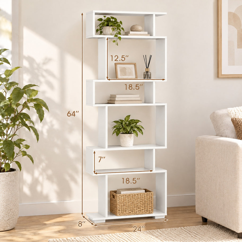 Airfind 6-Tier Geometric Bookshelf with 2 Anti-Tipping Kits for Home Office, 11 lbs Capacity, Engineered Wood Frame, 24 x 8 x 64 Footprint, White