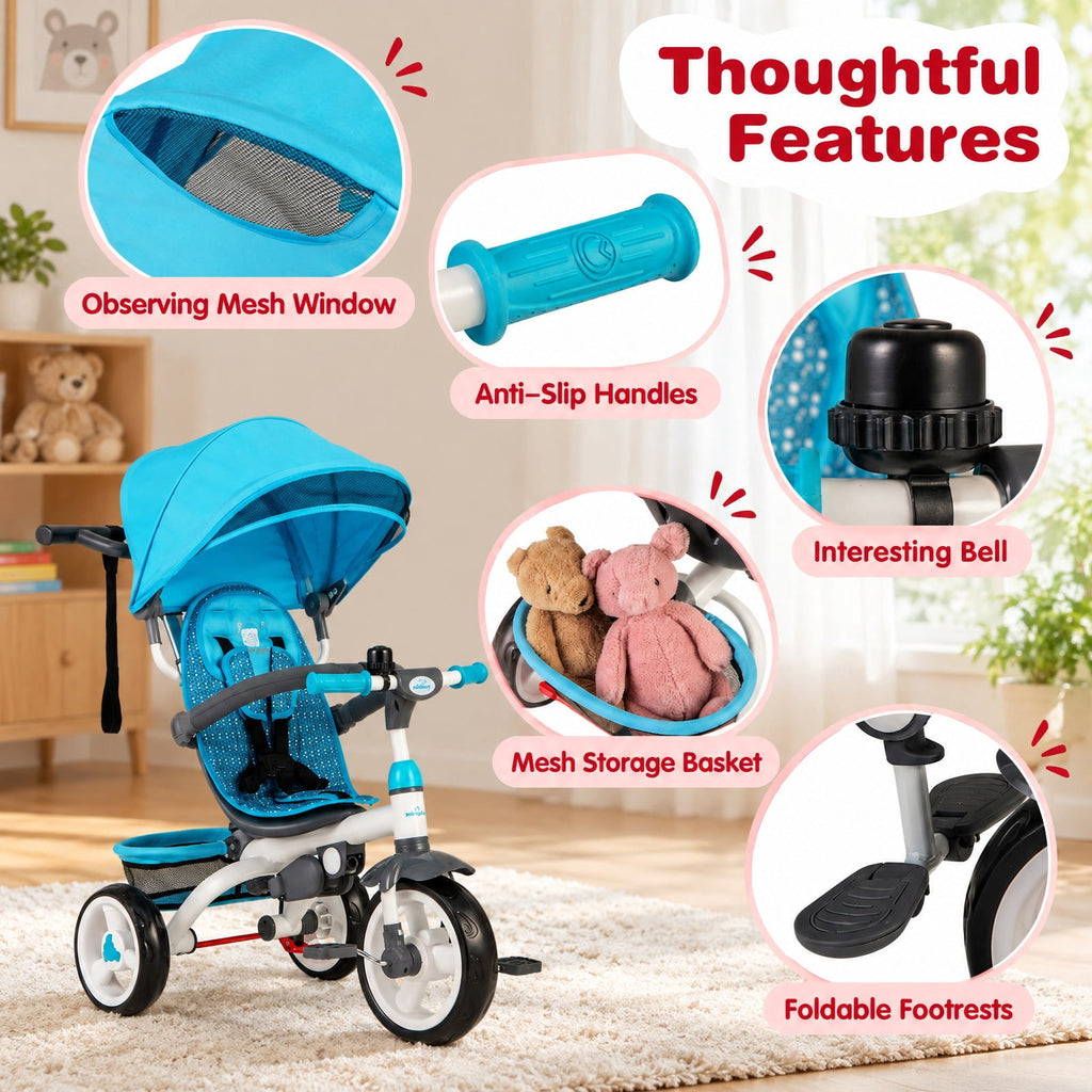 Airfind 5-in-1 Detachable Baby Stroller Tricycle with Round Canopy, Blue, a detachable cushion that is also washable