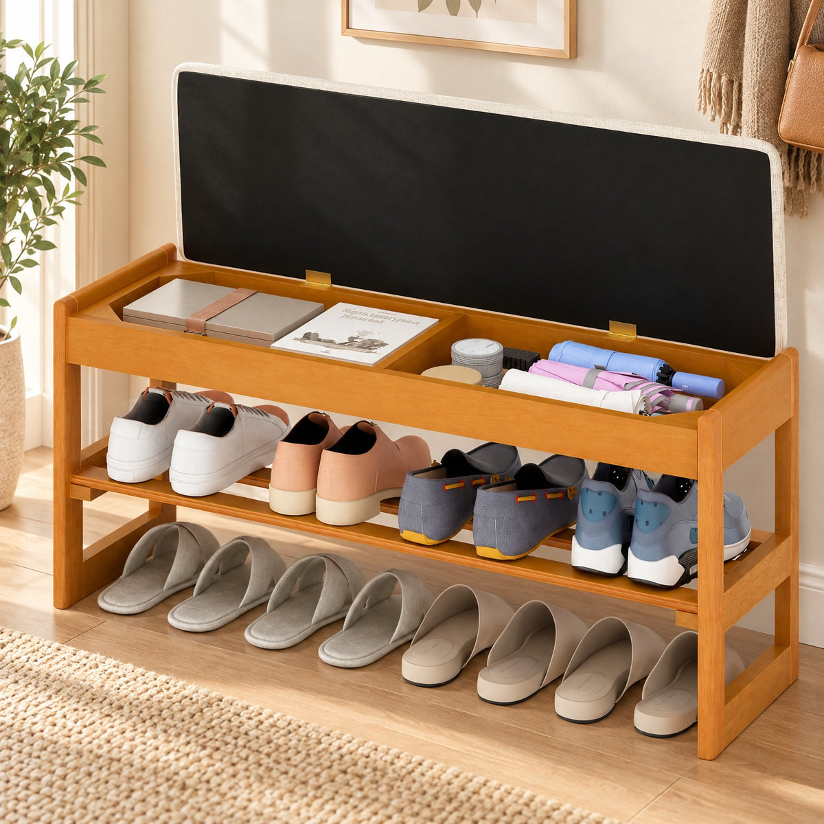 Airfind Shoe Rack Bench with Storage 2-Tier Rubberwood Entryway Bench with Flip-Open Storage, 400 lbs Capacity, 40in x 13.5in x 17in Footprint, Beige