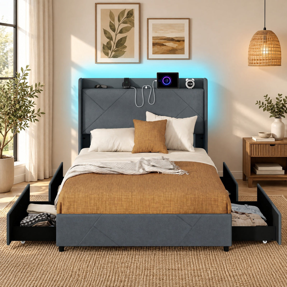 Airfind Full/Queen Size Bed Frame with LED Lights and Charging Station, 1100 lbs Capacity, 82.5 x 57 x 48 Bed Platform 75 x 54.5 Footprint