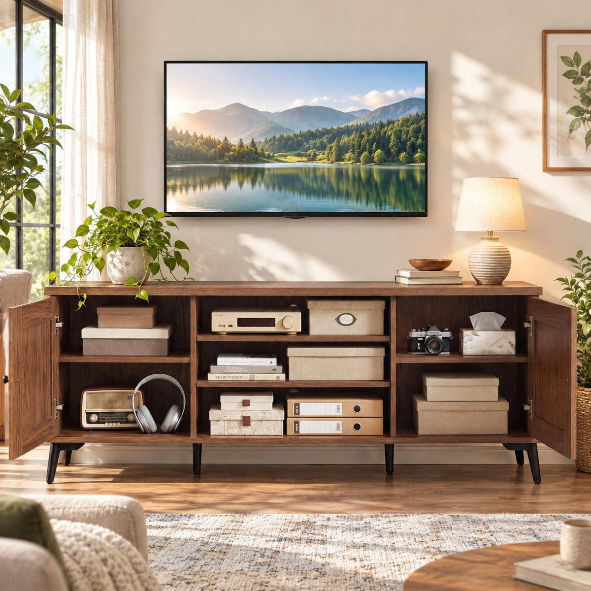Airfind 2-Door TV Stand for TVs up to 65 Inch Mid Century Modern Entertainment Center, 176 lbs Capacity, Engineered Wood Metal Frame, Brown