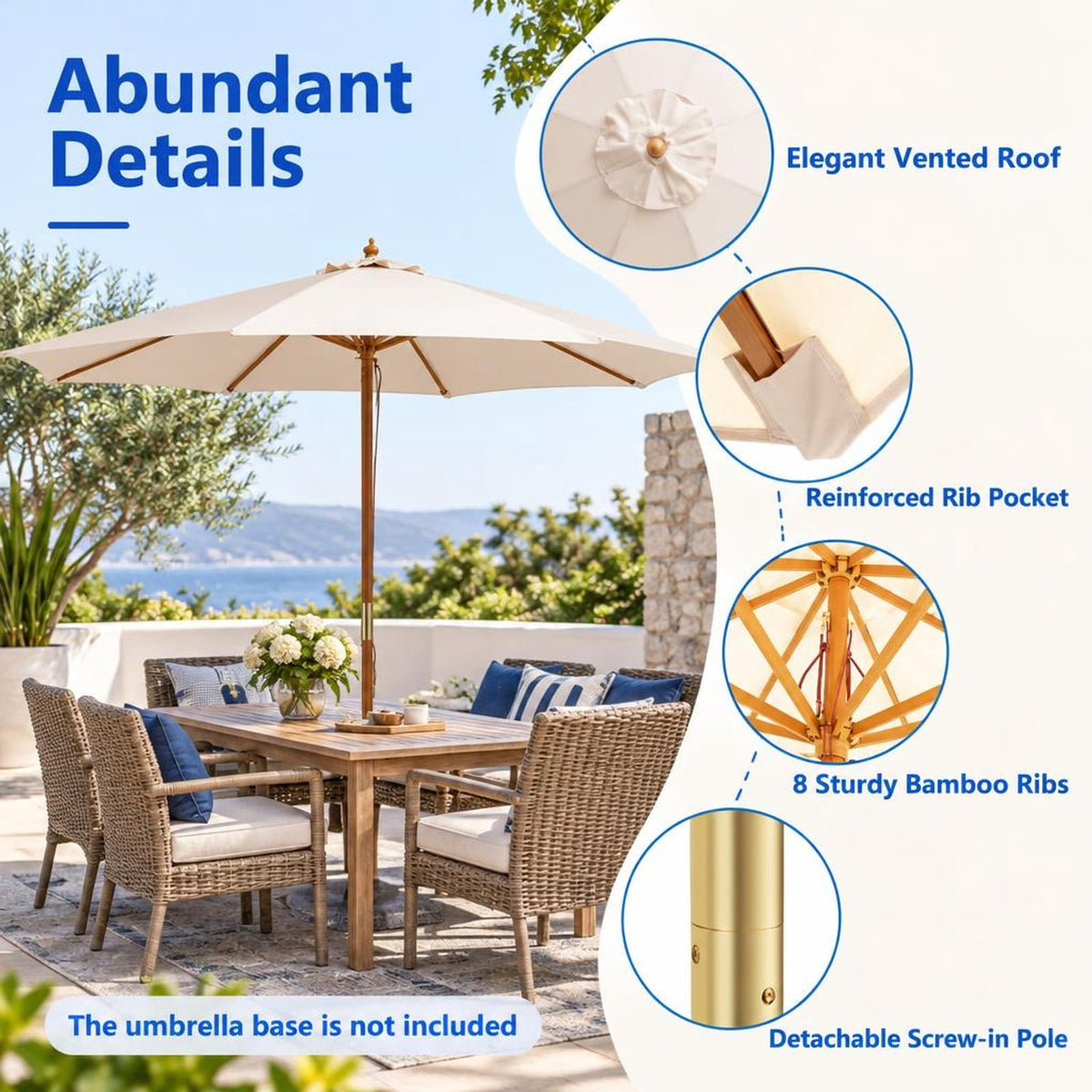 Airfind 10 Feet Patio Umbrella with 8 Wooden Ribs and 3 Adjustable Heights, 180G polyester fabric PP bamboo wood Frame, Beige