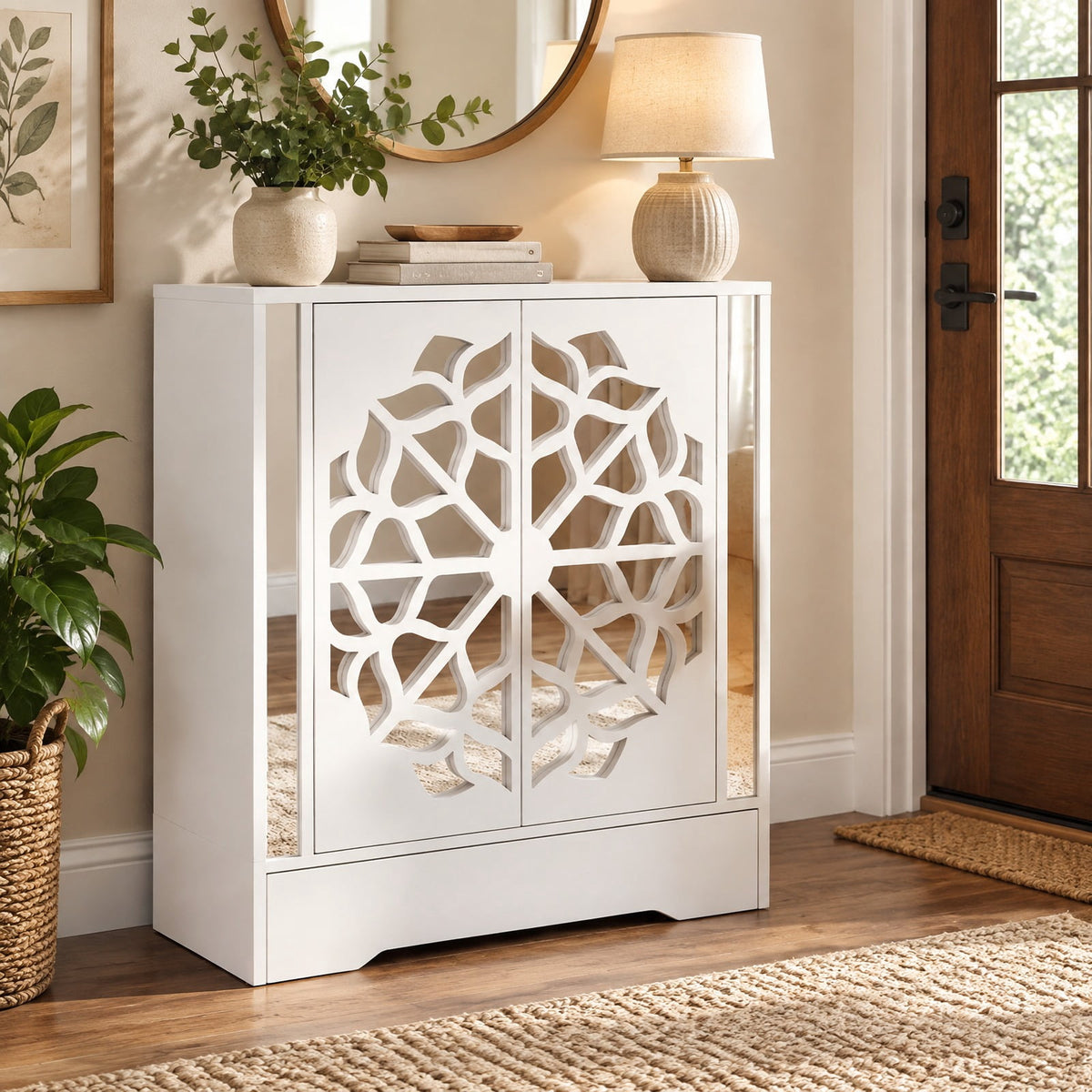 Airfind Mirrored Shoe Cabinet 4-Tier Shoe Organizer with Large Drawer, MDF Engineered Wood Frame, 31 x 16 x 37 inch Footprint, White