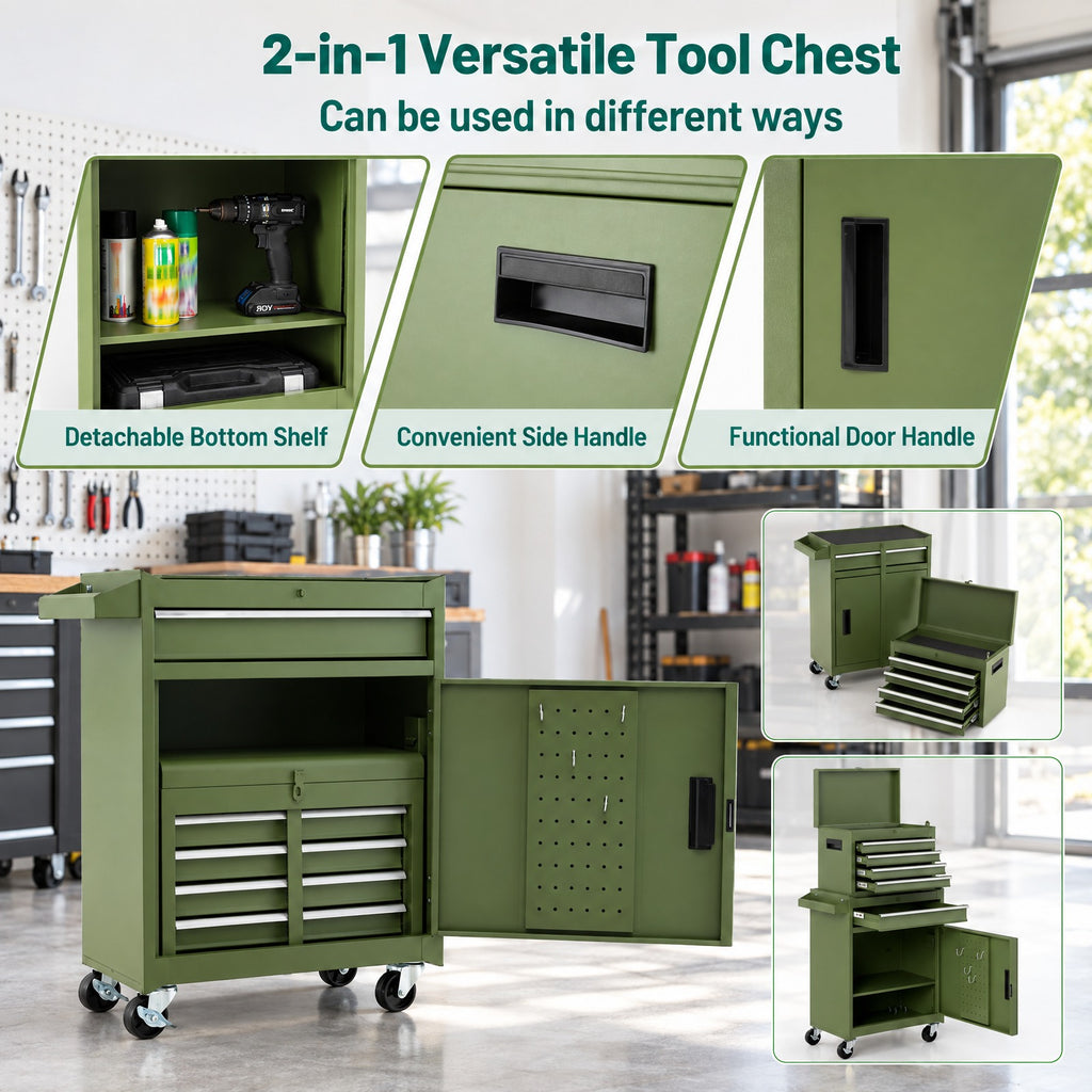 Airfind 2-in-1 Rolling Tool Chest with 5 Sliding Lockable Drawers, 220.5 lbs Capacity, Steel rubber-plastic synthetic Frame, Green
