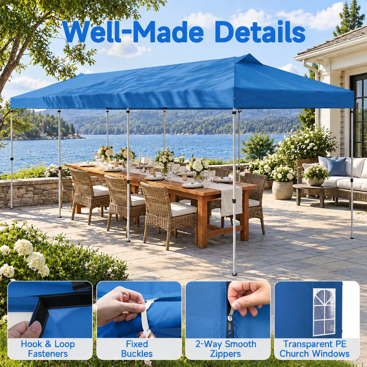 Airfind 10 x 30 FT Pop Up Canopy Tent with 8 Sidewalls and Adjustable Height, PE Metal Fabric Frame, 30 x 10 x 8.5/8.2/7.9 ft Footprint, Blue